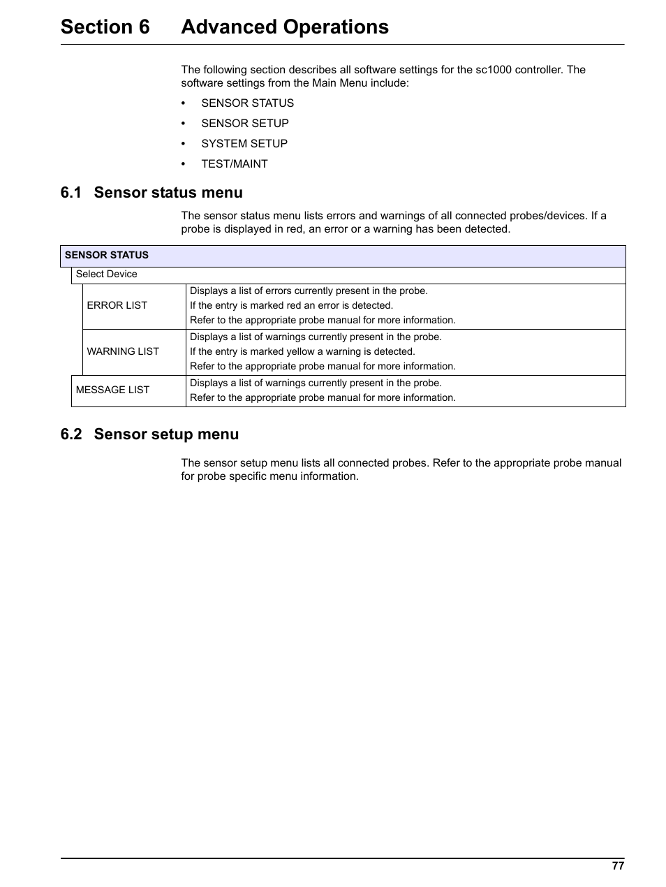 Section 6 advanced operations, 1 sensor status menu, 2 sensor setup menu | 1 sensor status menu 6.2 sensor setup menu | Hach sc1000 User Manual | Page 79 / 150