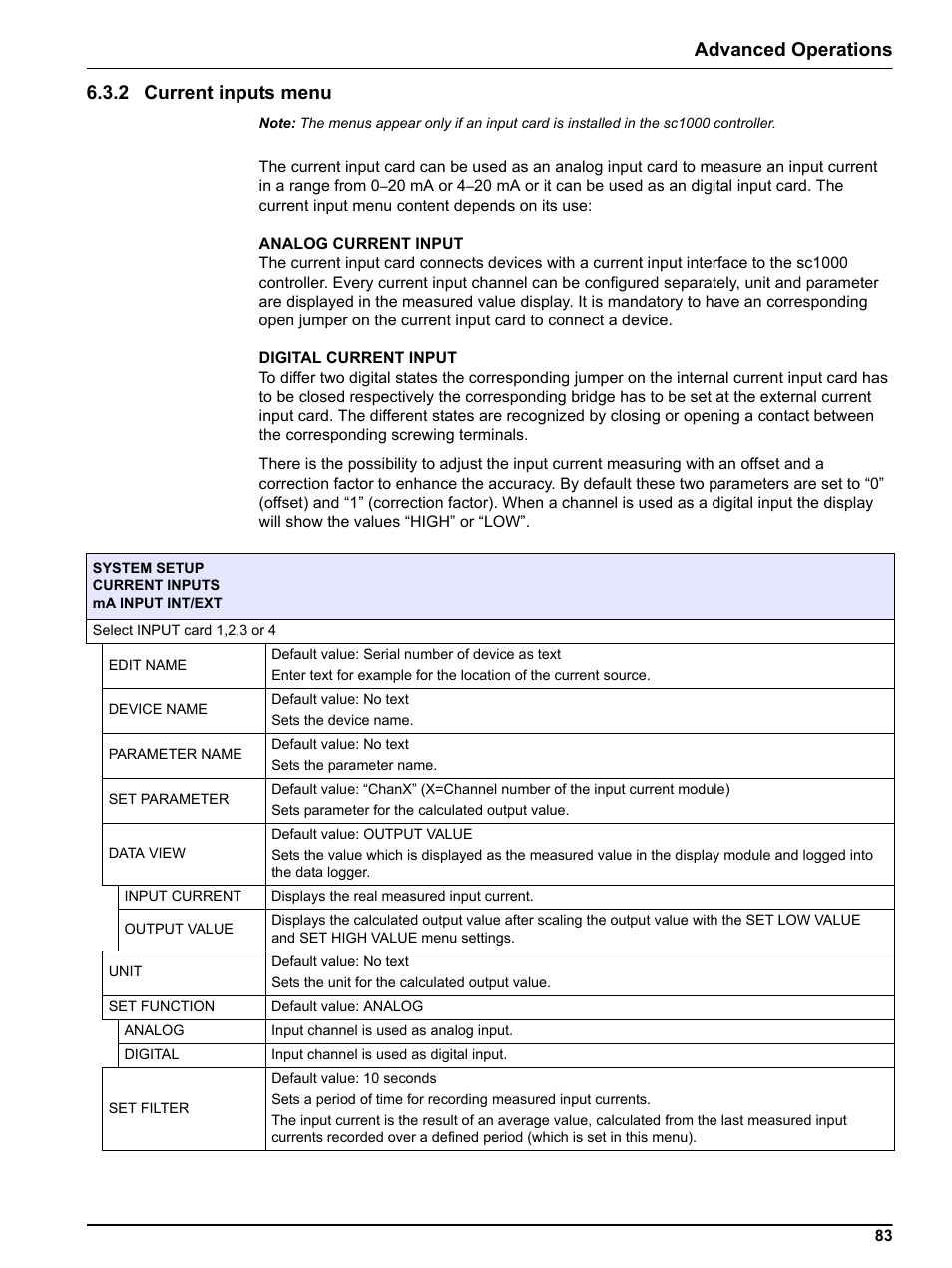 2 current inputs menu, Advanced operations 6.3.2 current inputs menu | Hach sc1000 User Manual | Page 85 / 150