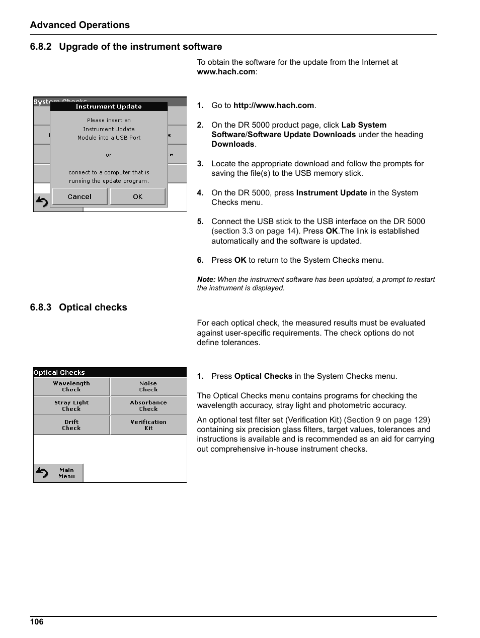 2 upgrade of the instrument software, 3 optical checks | Hach DR 5000 User Manual | Page 106 / 136