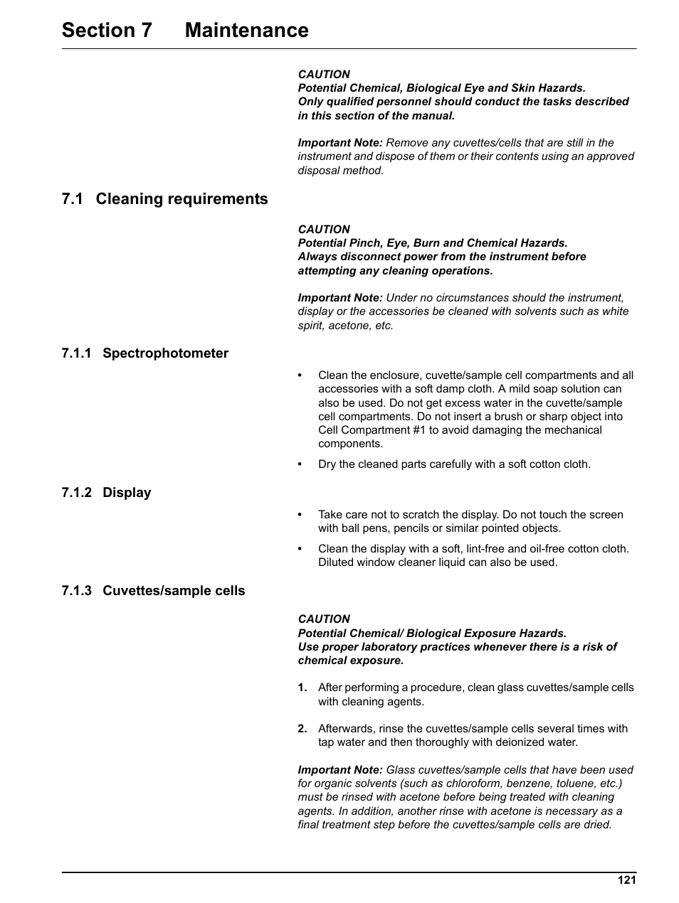 Section 7 maintenance, 1 cleaning requirements, 1 spectrophotometer | 2 display, 3 cuvettes/sample cells | Hach DR 5000 User Manual | Page 121 / 136