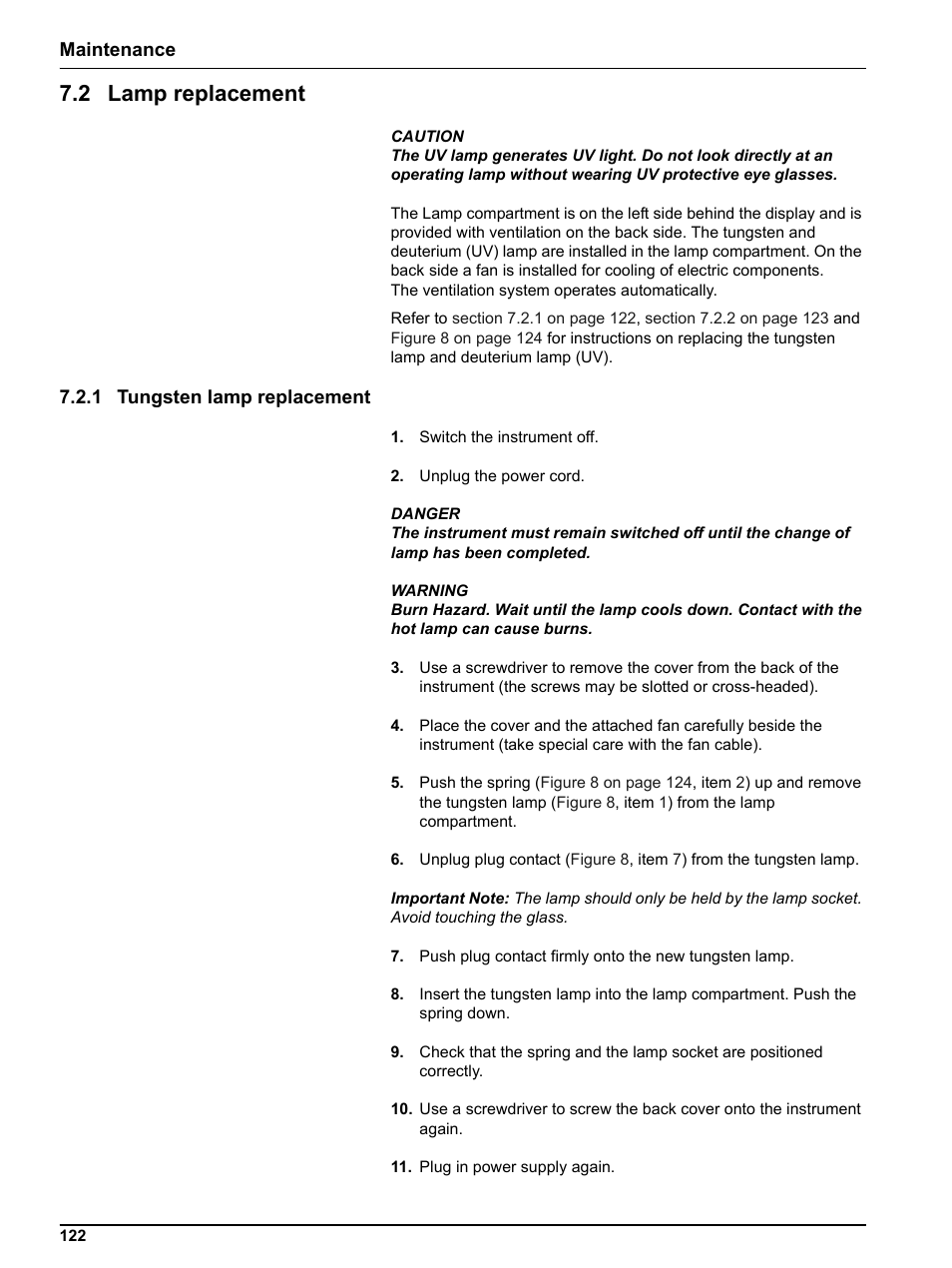 2 lamp replacement, 1 tungsten lamp replacement, Maintenance | Hach DR 5000 User Manual | Page 122 / 136