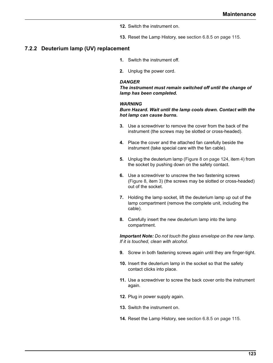 2 deuterium lamp (uv) replacement, Maintenance | Hach DR 5000 User Manual | Page 123 / 136