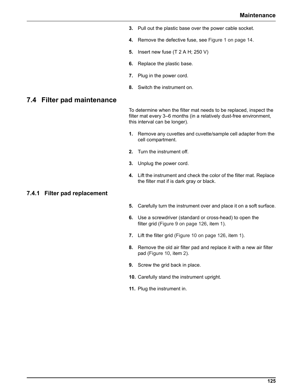 4 filter pad maintenance, 1 filter pad replacement, Maintenance | Hach DR 5000 User Manual | Page 125 / 136