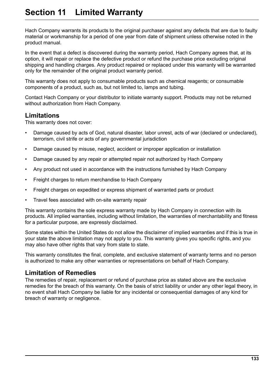 Section 11 limited warranty, Limitations, Limitation of remedies | Hach DR 5000 User Manual | Page 133 / 136