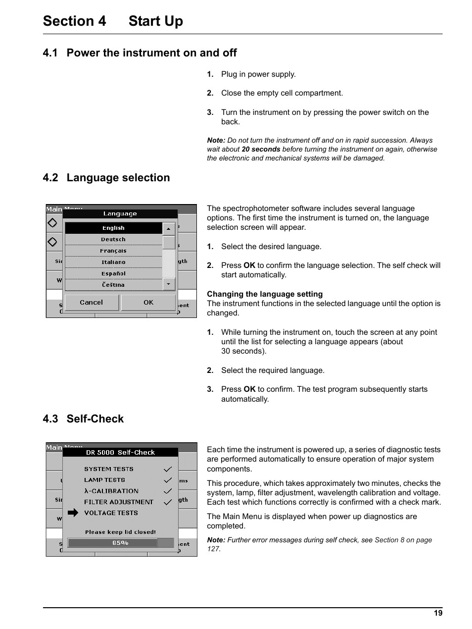 Section 4 start up, 1 power the instrument on and off, 2 language selection | 3 self-check | Hach DR 5000 User Manual | Page 19 / 136