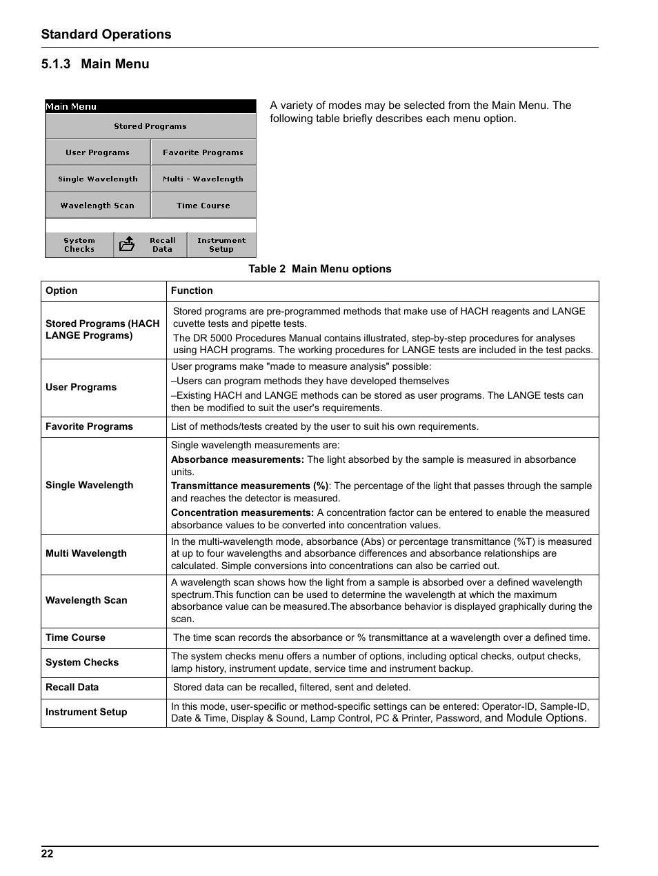 3 main menu, Standard operations 5.1.3 main menu | Hach DR 5000 User Manual | Page 22 / 136