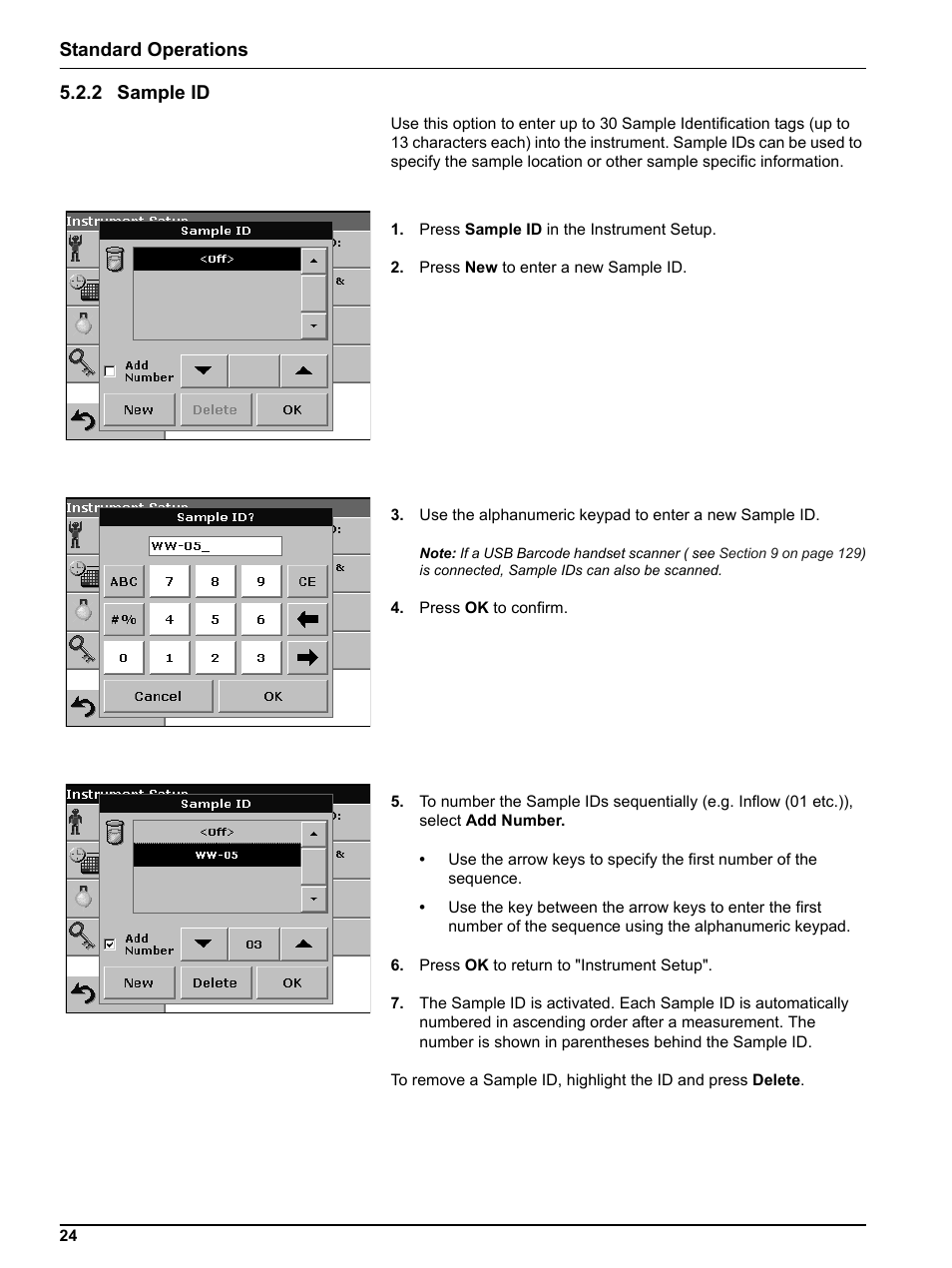 2 sample id, Standard operations 5.2.2 sample id | Hach DR 5000 User Manual | Page 24 / 136