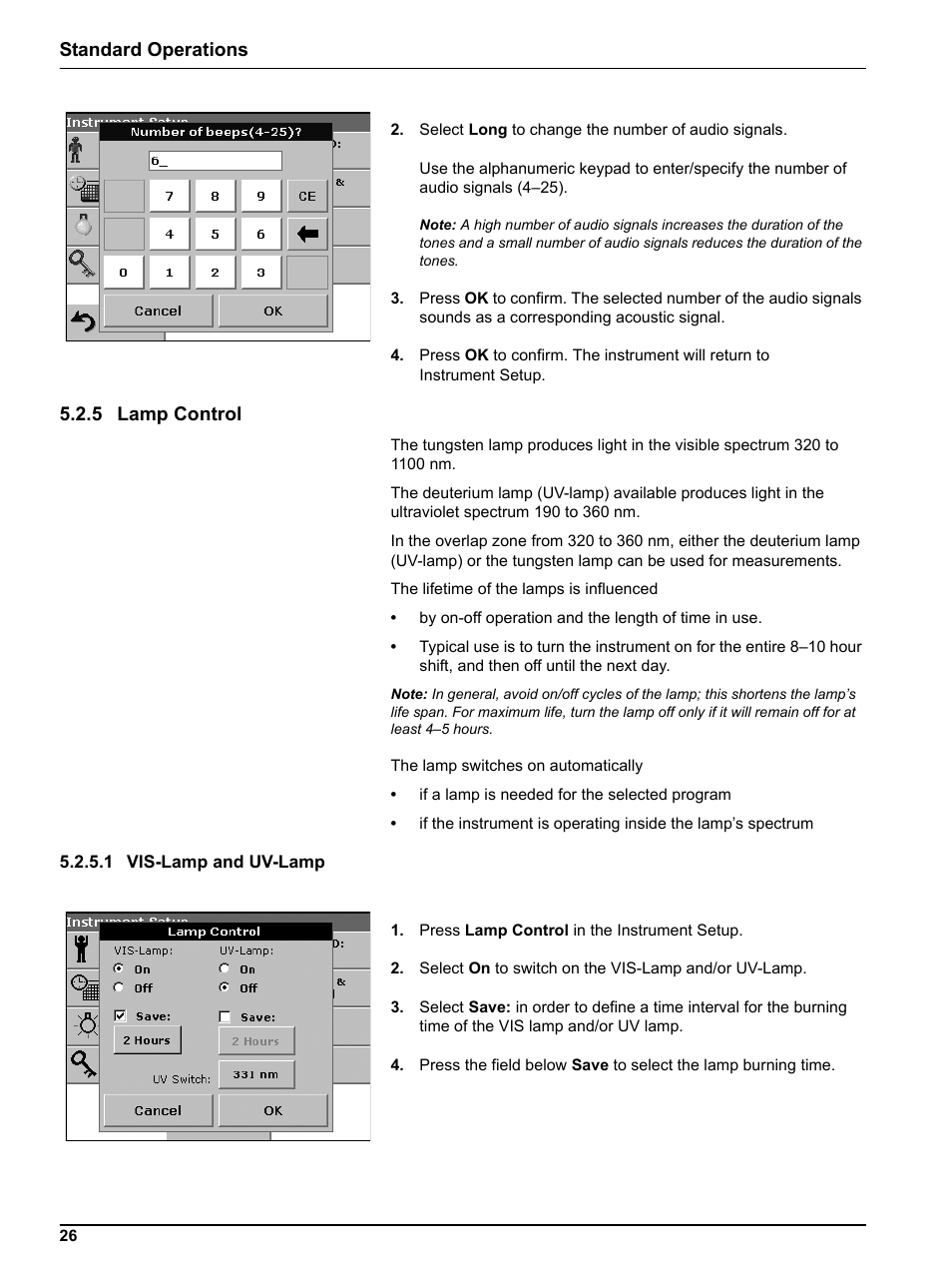 5 lamp control, 1 vis-lamp and uv-lamp, Standard operations | Hach DR 5000 User Manual | Page 26 / 136