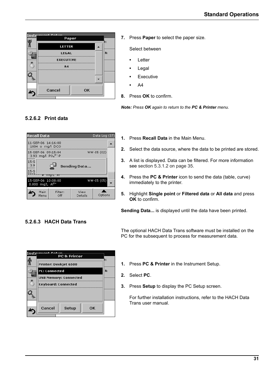 2 print data, 3 hach data trans, 2 print data 5.2.6.3 hach data trans | Standard operations | Hach DR 5000 User Manual | Page 31 / 136