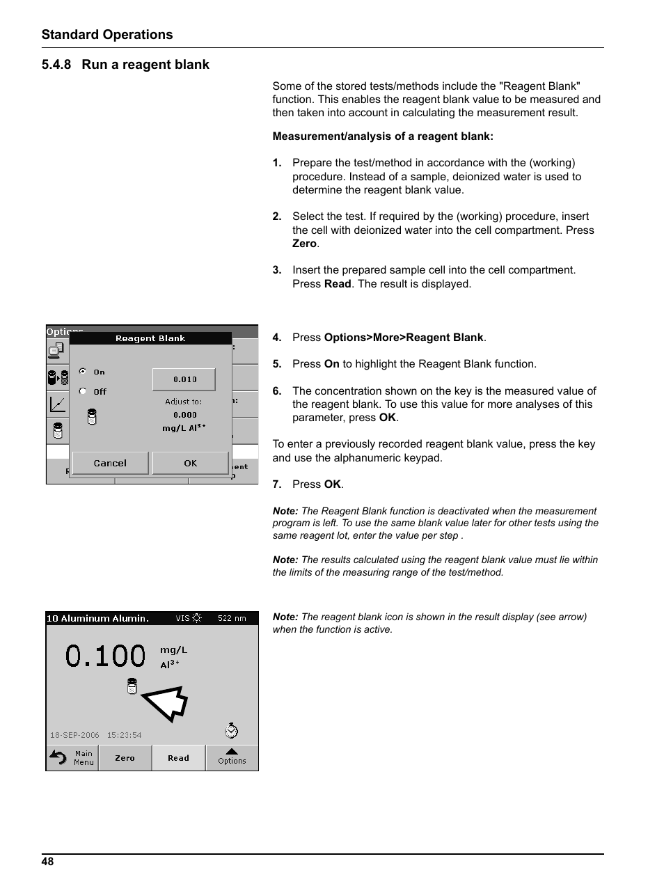 8 run a reagent blank, Standard operations 5.4.8 run a reagent blank | Hach DR 5000 User Manual | Page 48 / 136