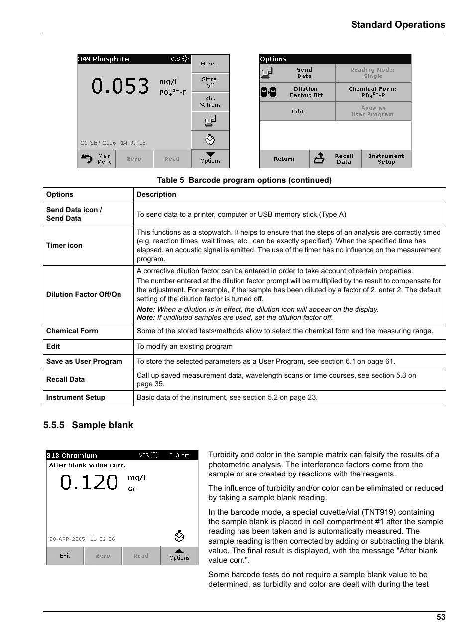 5 sample blank, Standard operations 5.5.5 sample blank | Hach DR 5000 User Manual | Page 53 / 136
