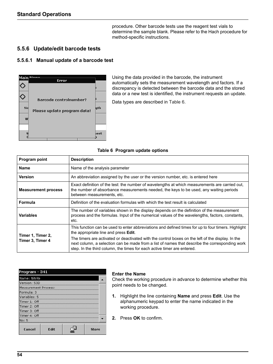 6 update/edit barcode tests, 1 manual update of a barcode test, Standard operations | Hach DR 5000 User Manual | Page 54 / 136