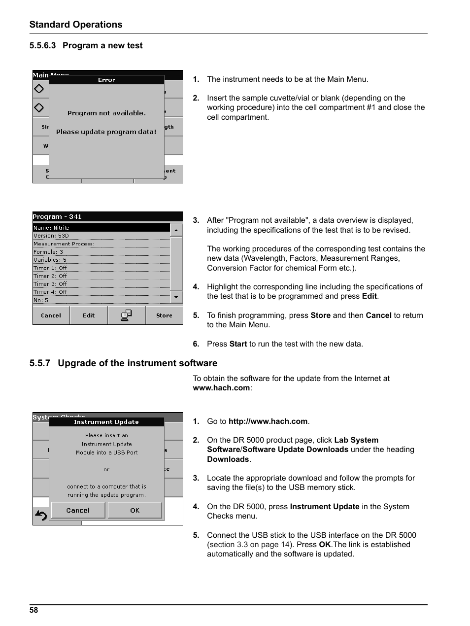 3 program a new test, 7 upgrade of the instrument software, Standard operations | Hach DR 5000 User Manual | Page 58 / 136