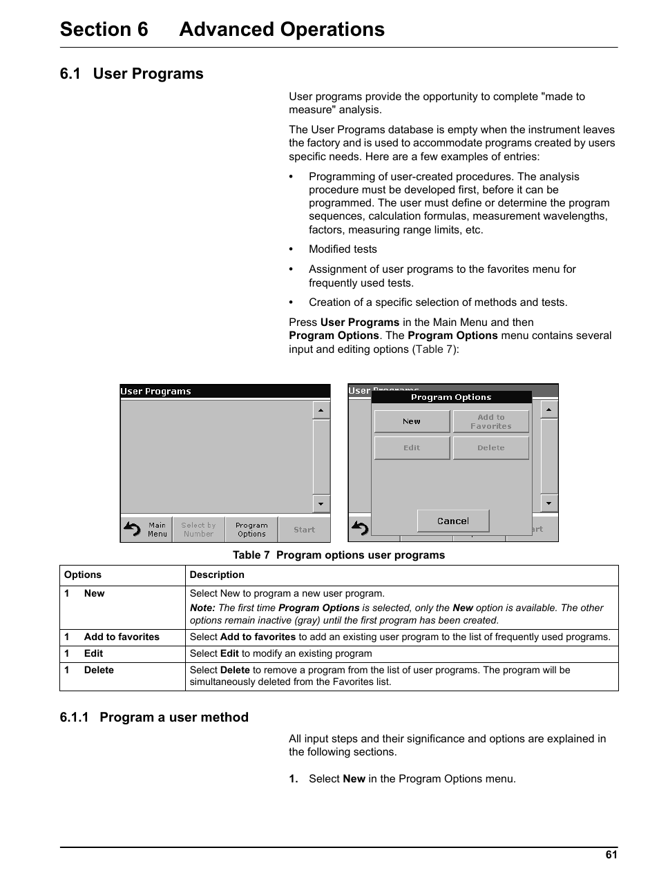 Section 6 advanced operations, 1 user programs, 1 program a user method | Hach DR 5000 User Manual | Page 61 / 136