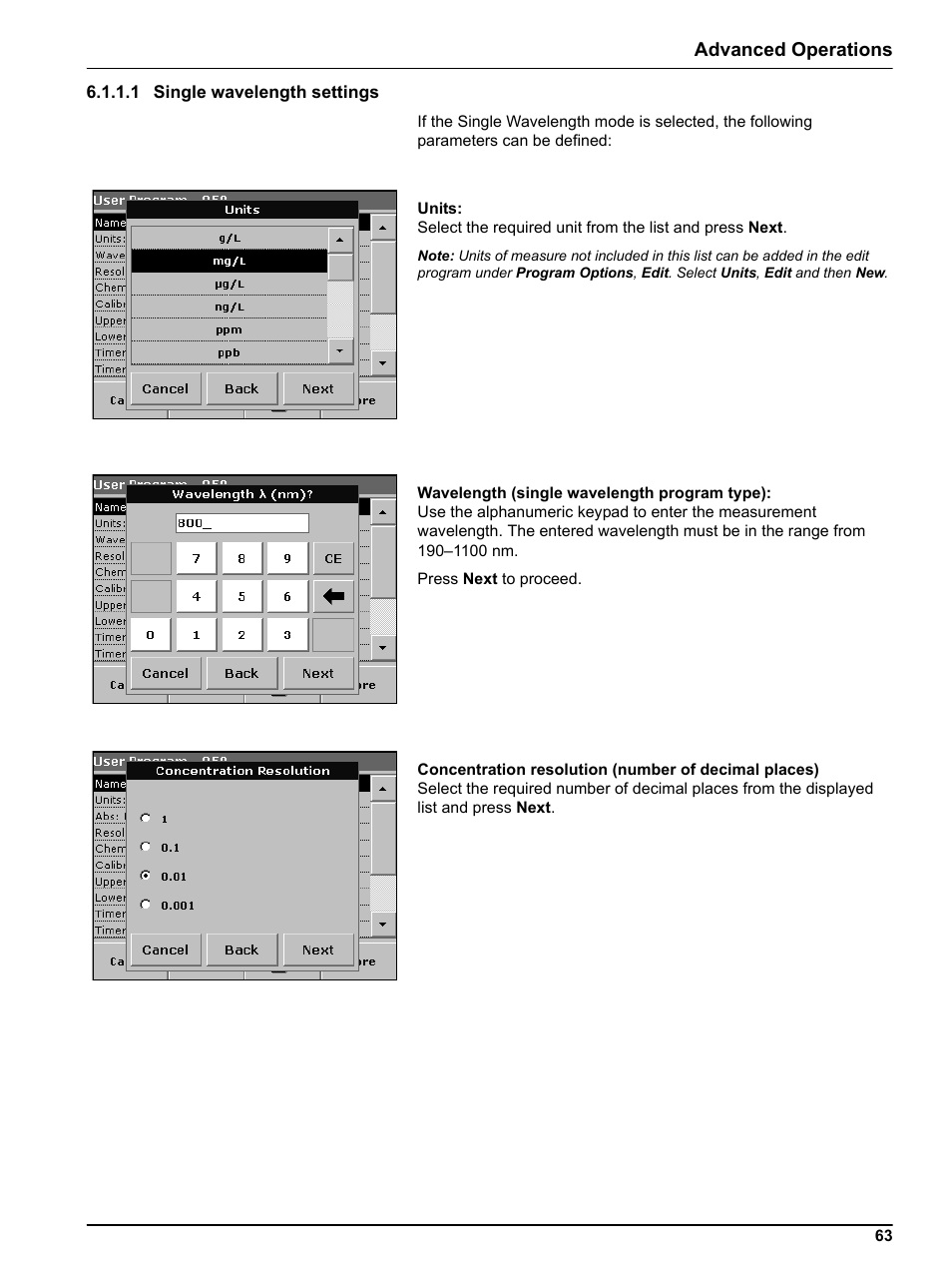 1 single wavelength settings, Length | Hach DR 5000 User Manual | Page 63 / 136