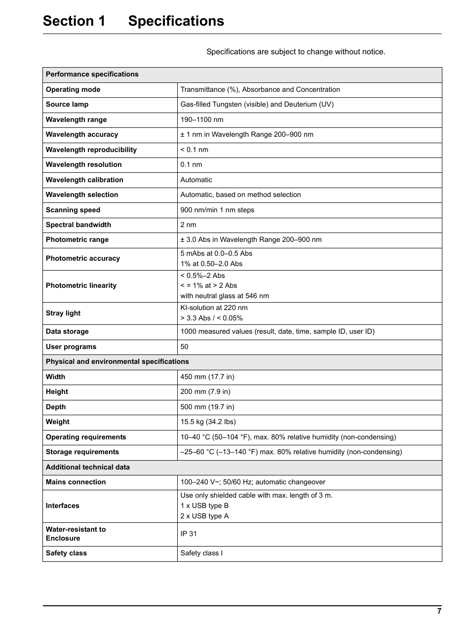 Section 1 specifications | Hach DR 5000 User Manual | Page 7 / 136