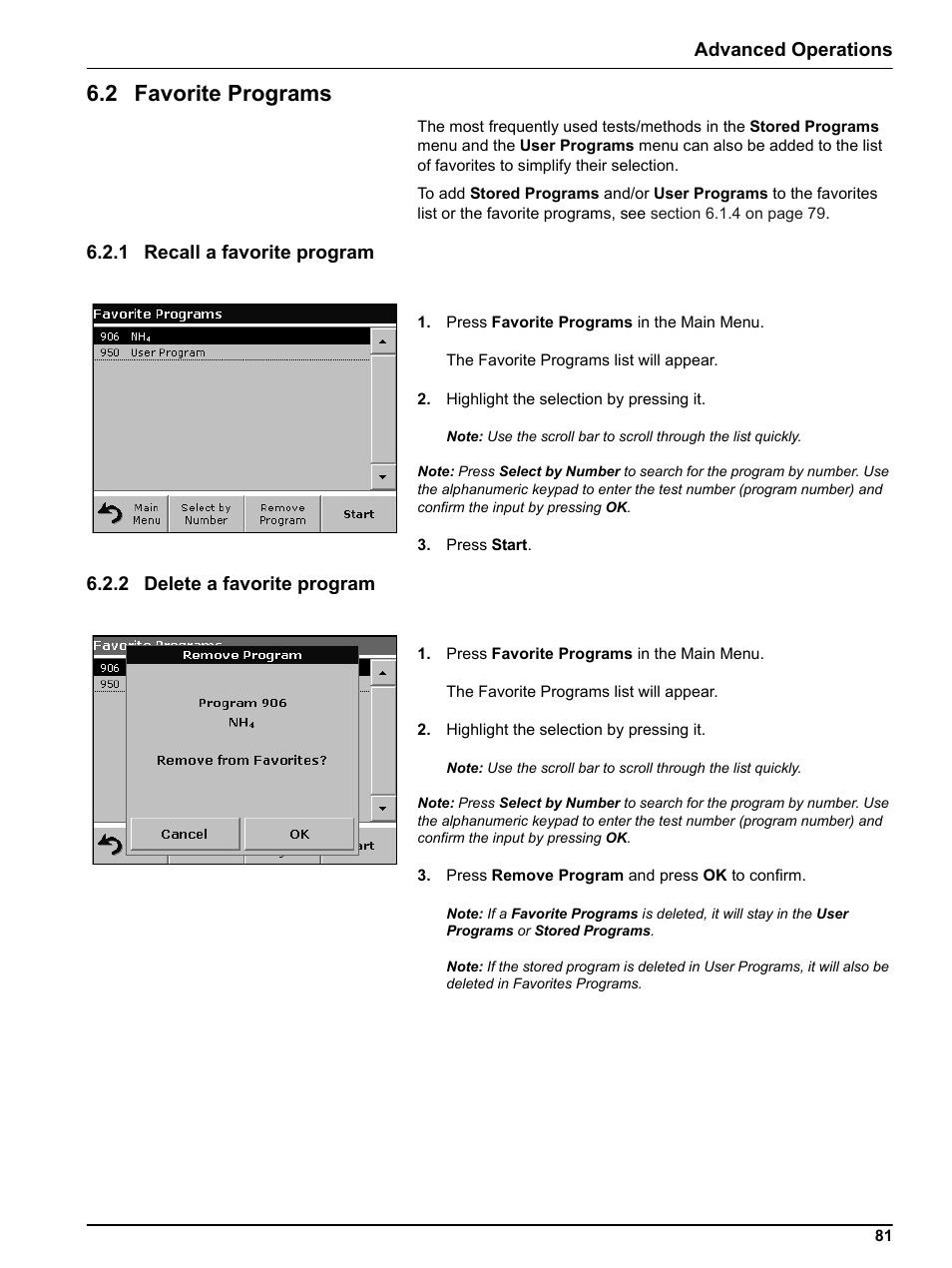 2 favorite programs, 1 recall a favorite program, 2 delete a favorite program | Hach DR 5000 User Manual | Page 81 / 136