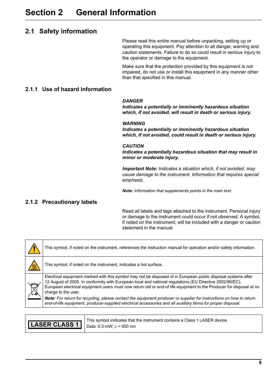 Section 2 general information, 1 safety information, 1 use of hazard information | 2 precautionary labels | Hach DR 5000 User Manual | Page 9 / 136