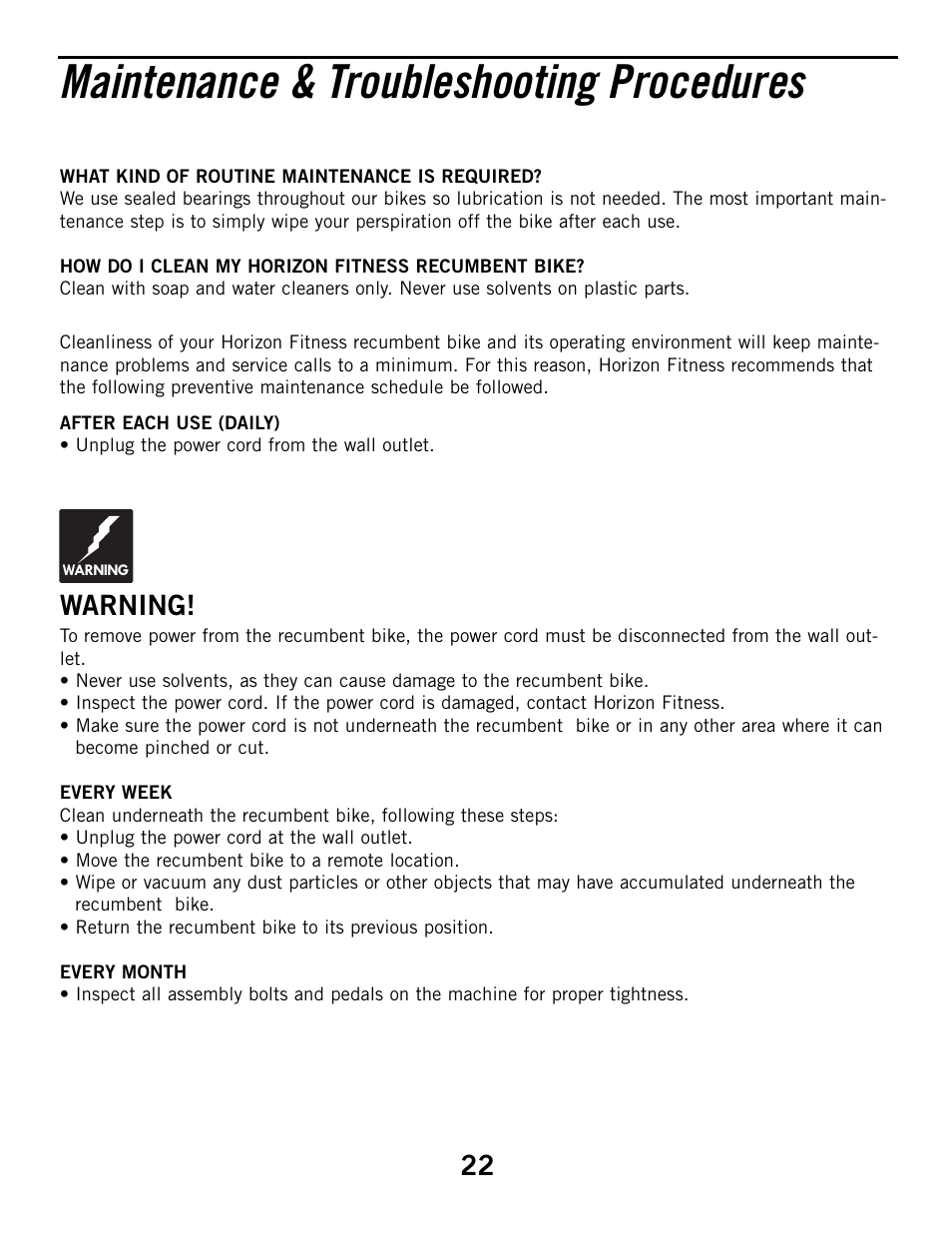 Maintenance & troubleshooting procedures, Warning | Horizon Fitness R52HR User Manual | Page 22 / 36