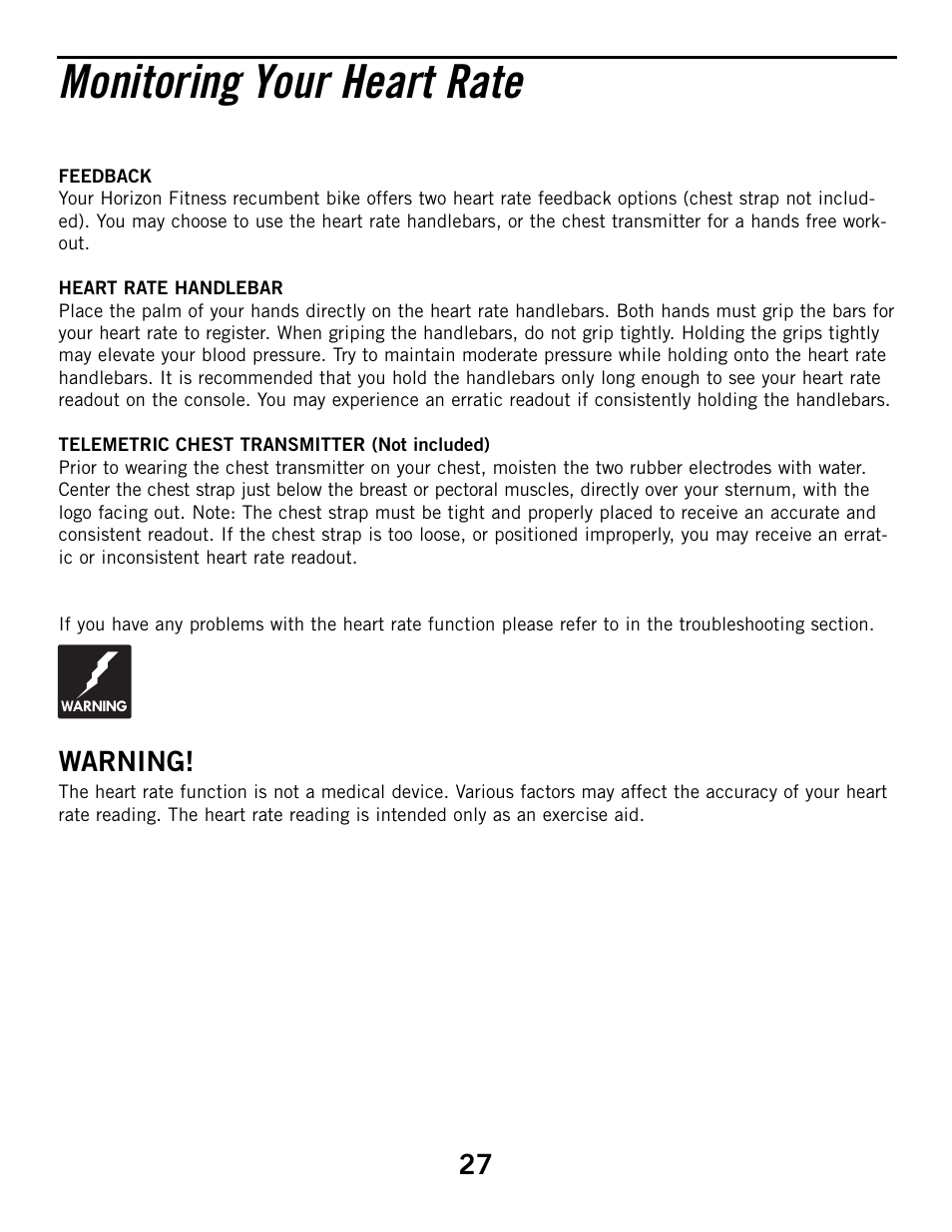 Monitoring your heart rate, Warning | Horizon Fitness R52HR User Manual | Page 27 / 36