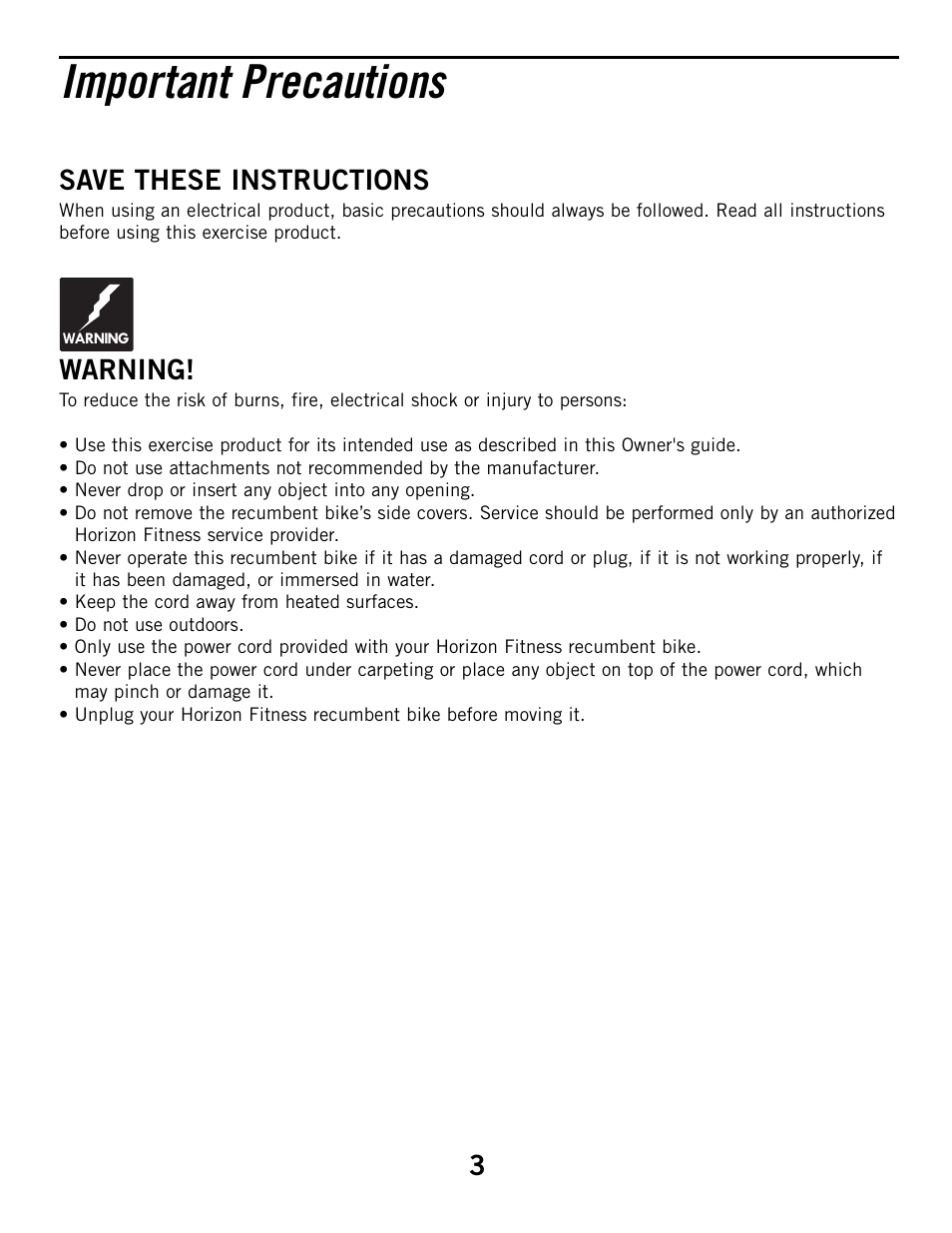 Important precautions, Save these instructions, Warning | Horizon Fitness R52HR User Manual | Page 3 / 36