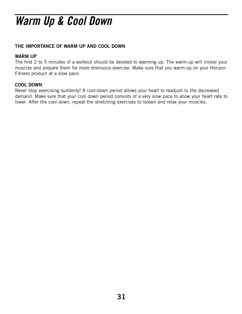 Warm up & cool down | Horizon Fitness R52HR User Manual | Page 31 / 36