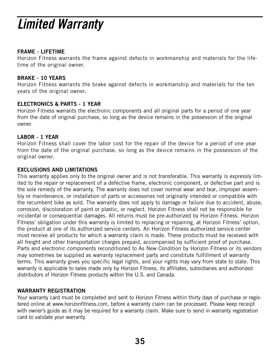 Limited warranty | Horizon Fitness R52HR User Manual | Page 35 / 36