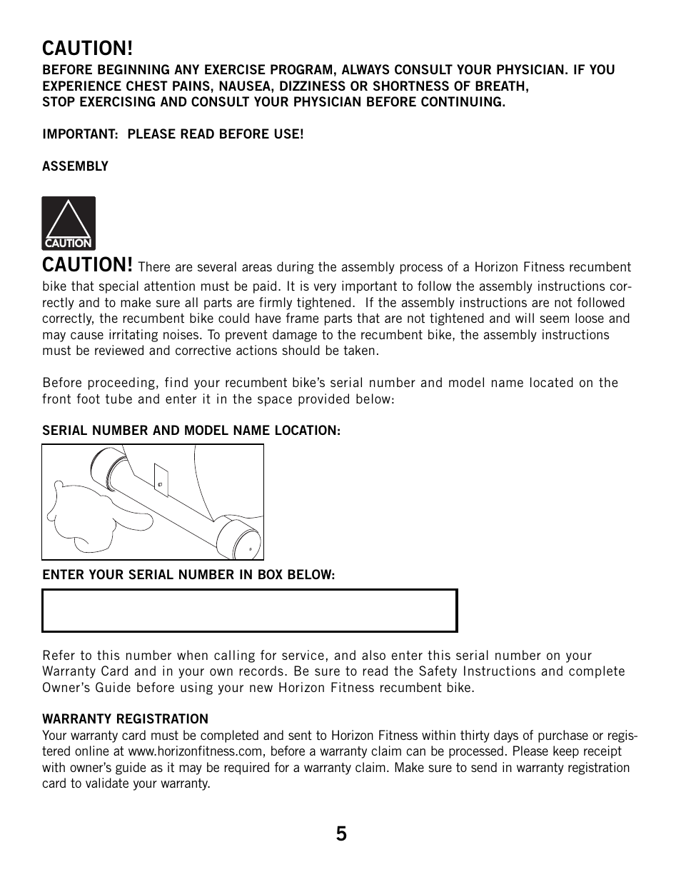 5caution, Caution | Horizon Fitness R52HR User Manual | Page 5 / 36