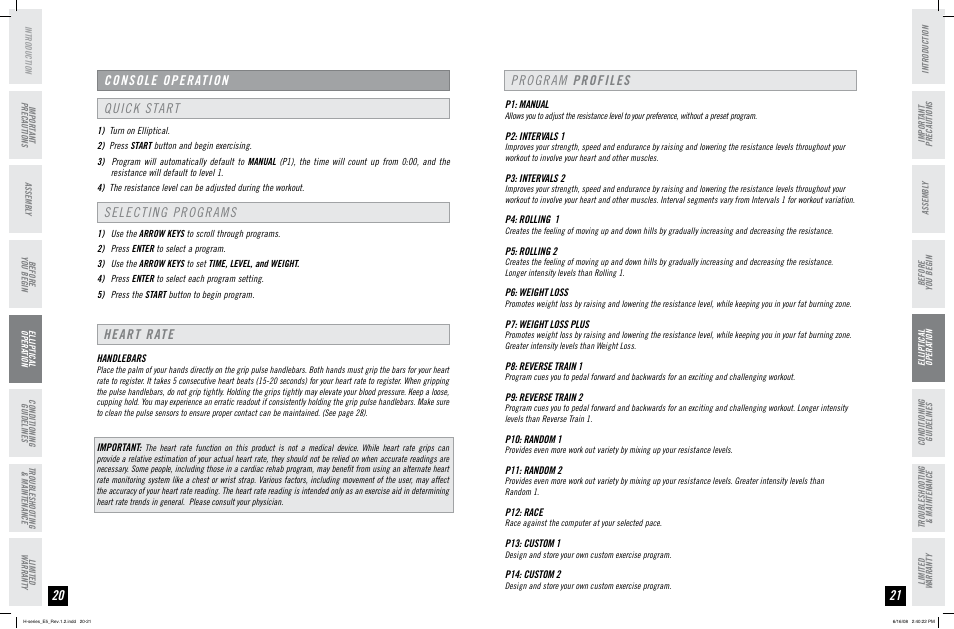 Console operation, Quick start selecting programs, Program profiles heart rate | Horizon Fitness H-SERIES E5 User Manual | Page 11 / 21