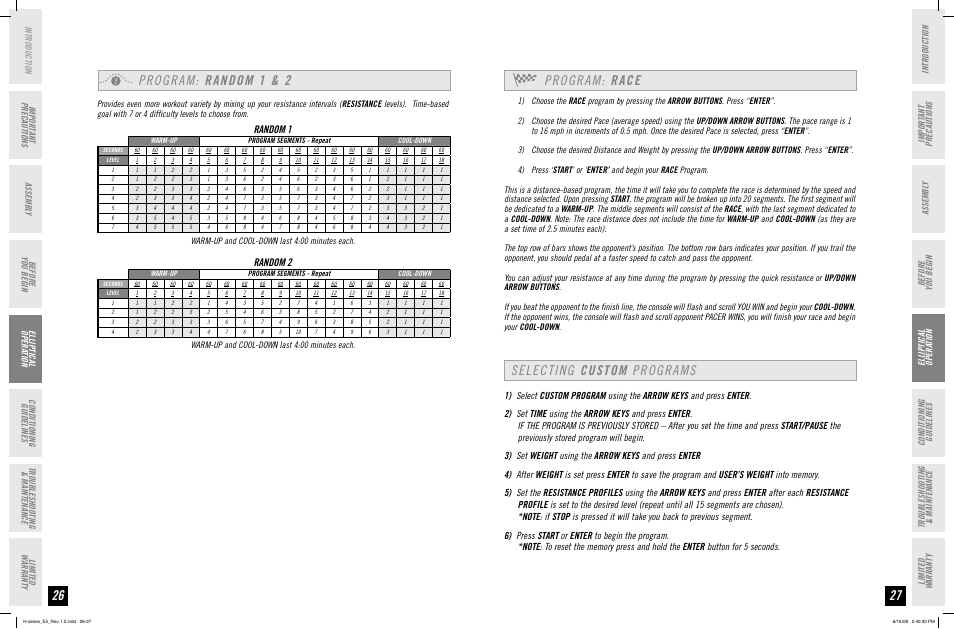 Program: race, Selecting custom programs program: random 1 & 2, Random 1 | Random 2, Before you begin | Horizon Fitness H-SERIES E5 User Manual | Page 14 / 21