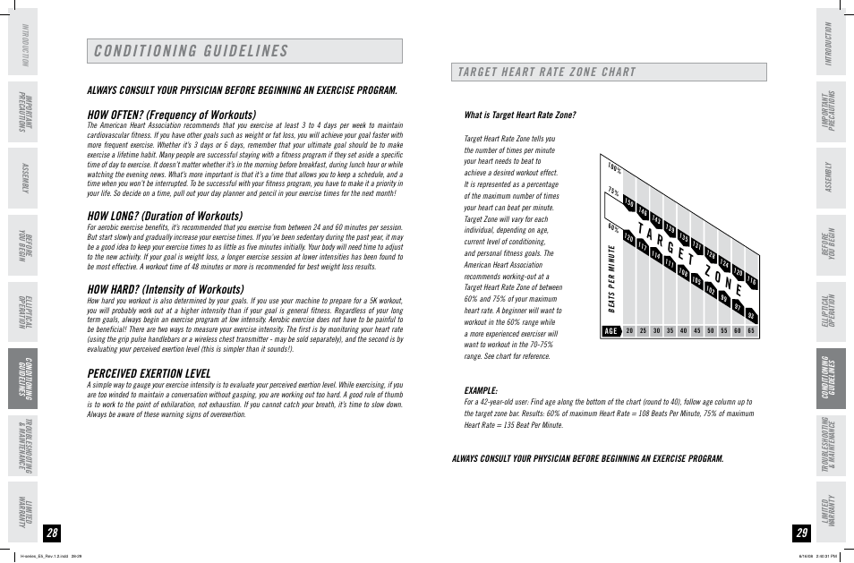 Conditioning guidelines, How often? (frequency of workouts), How long? (duration of workouts) | How hard? (intensity of workouts), Perceived exertion level, Target heart rate zone chart | Horizon Fitness H-SERIES E5 User Manual | Page 15 / 21