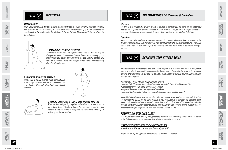 Tips, Stretching, Keeping an exercise diary | Horizon Fitness H-SERIES E5 User Manual | Page 16 / 21