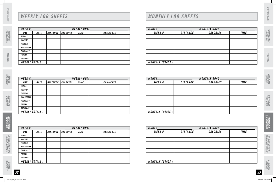 Weekly log sheets monthly log sheets | Horizon Fitness H-SERIES E5 User Manual | Page 17 / 21