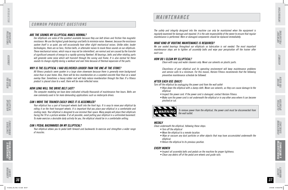 Maintenance, Common product questions | Horizon Fitness H-SERIES E5 User Manual | Page 19 / 21