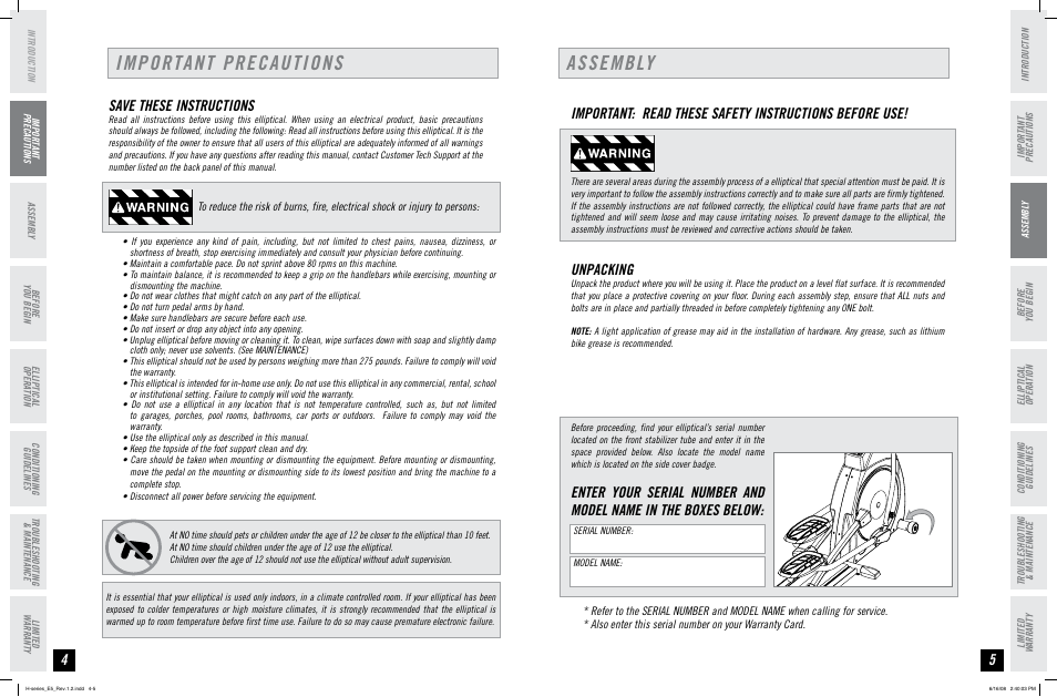 Assembly, Important precautions, Unpacking | Save these instructions | Horizon Fitness H-SERIES E5 User Manual | Page 3 / 21