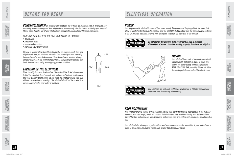 Before you begin, Elliptical operation, Location of the elliptical | Power, Moving, Foot positioning | Horizon Fitness H-SERIES E5 User Manual | Page 9 / 21