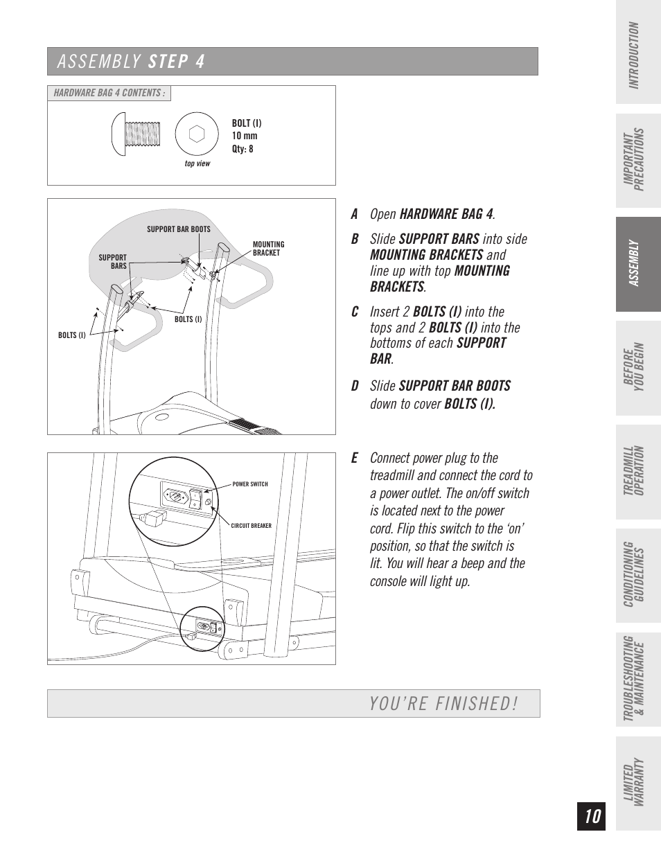 10 you’re finished! assembly step 4 | Horizon Fitness T10K User Manual | Page 11 / 34