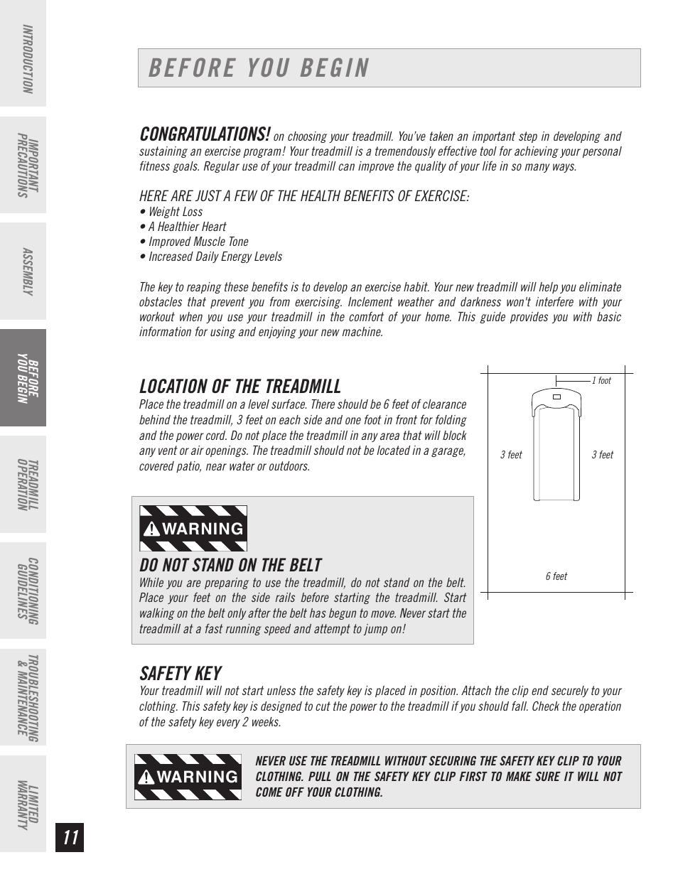 Before you begin, Location of the treadmill, Safety key | Do not stand on the belt | Horizon Fitness T10K User Manual | Page 12 / 34