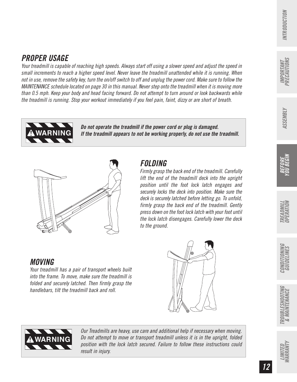 12 proper usage, Folding, Moving | Horizon Fitness T10K User Manual | Page 13 / 34