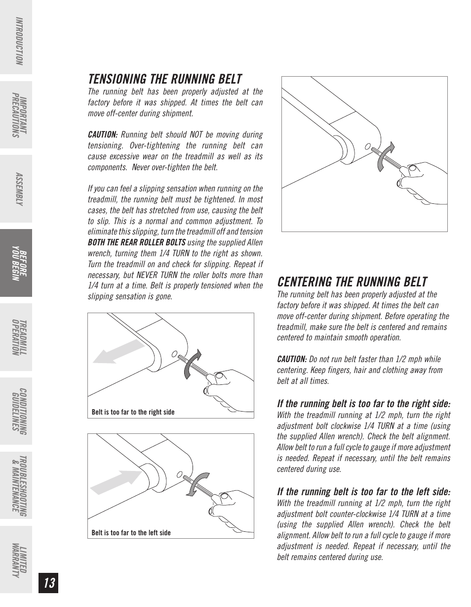 Centering the running belt, Tensioning the running belt | Horizon Fitness T10K User Manual | Page 14 / 34