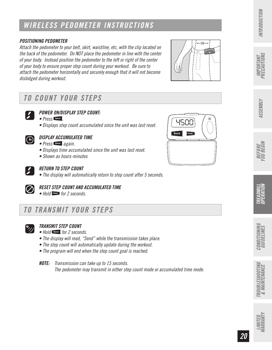 20 wireless pedometer instructions | Horizon Fitness T10K User Manual | Page 21 / 34