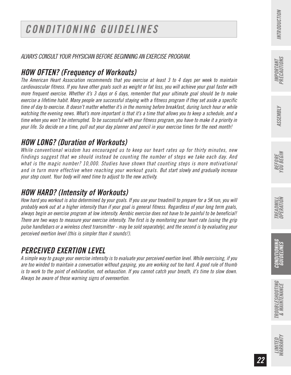 Conditioning guidelines, How often? (frequency of workouts), How long? (duration of workouts) | How hard? (intensity of workouts), Perceived exertion level | Horizon Fitness T10K User Manual | Page 23 / 34