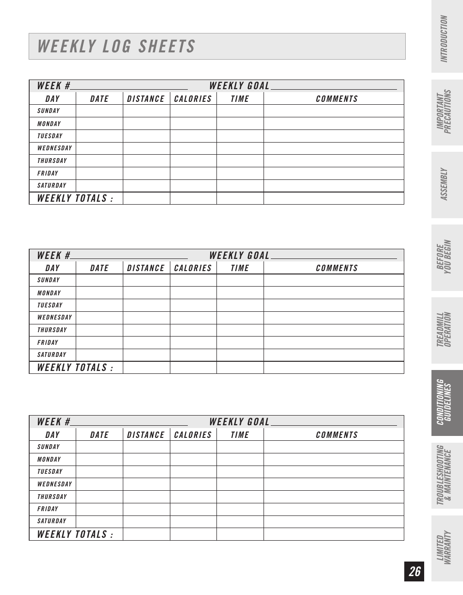 Weekly log sheets | Horizon Fitness T10K User Manual | Page 27 / 34