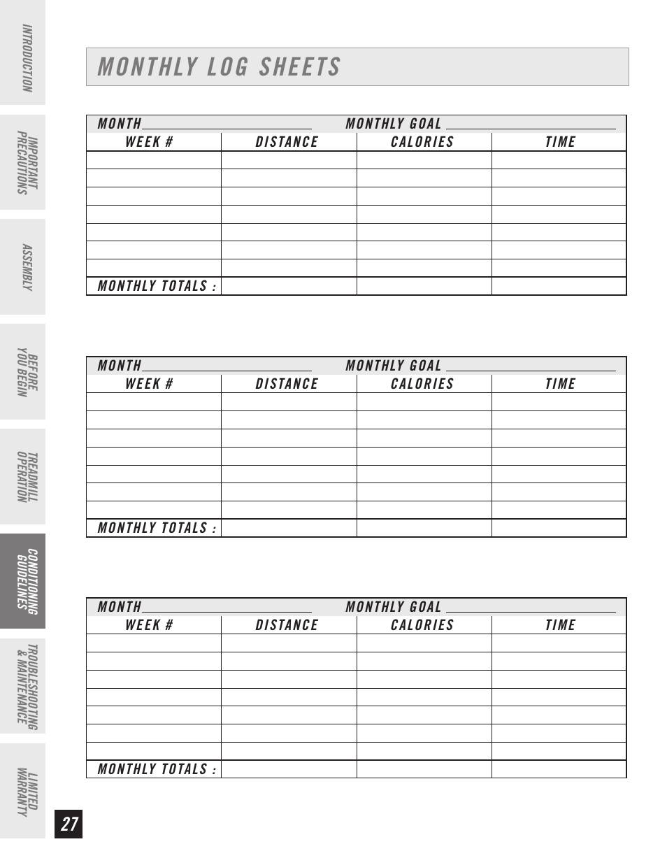 Monthly log sheets | Horizon Fitness T10K User Manual | Page 28 / 34