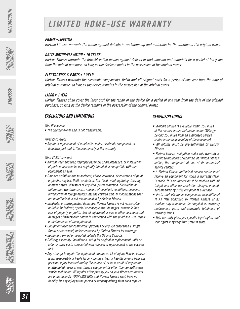 Limited home-use warranty | Horizon Fitness T10K User Manual | Page 32 / 34