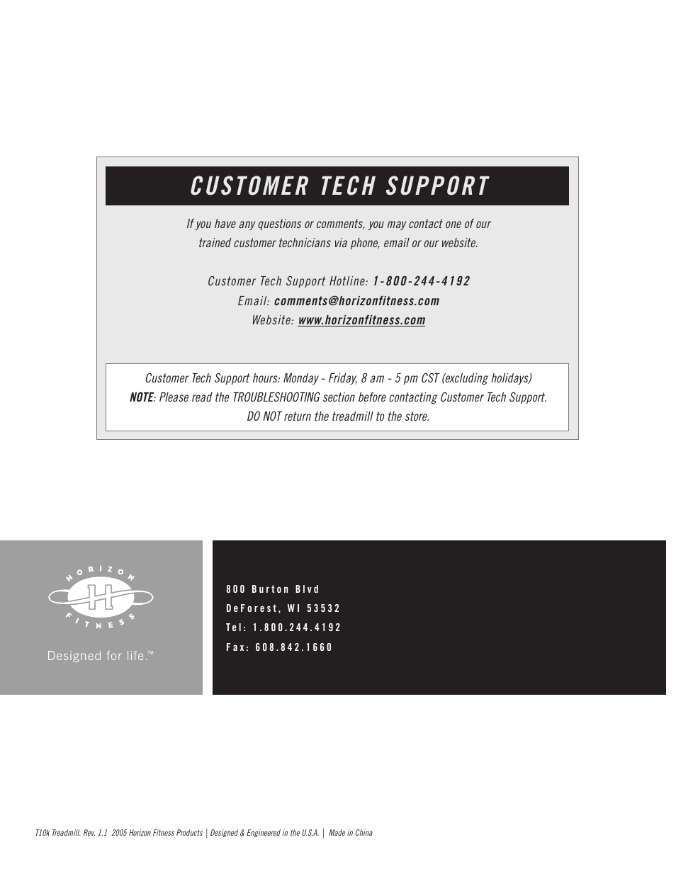Customer tech support | Horizon Fitness T10K User Manual | Page 34 / 34