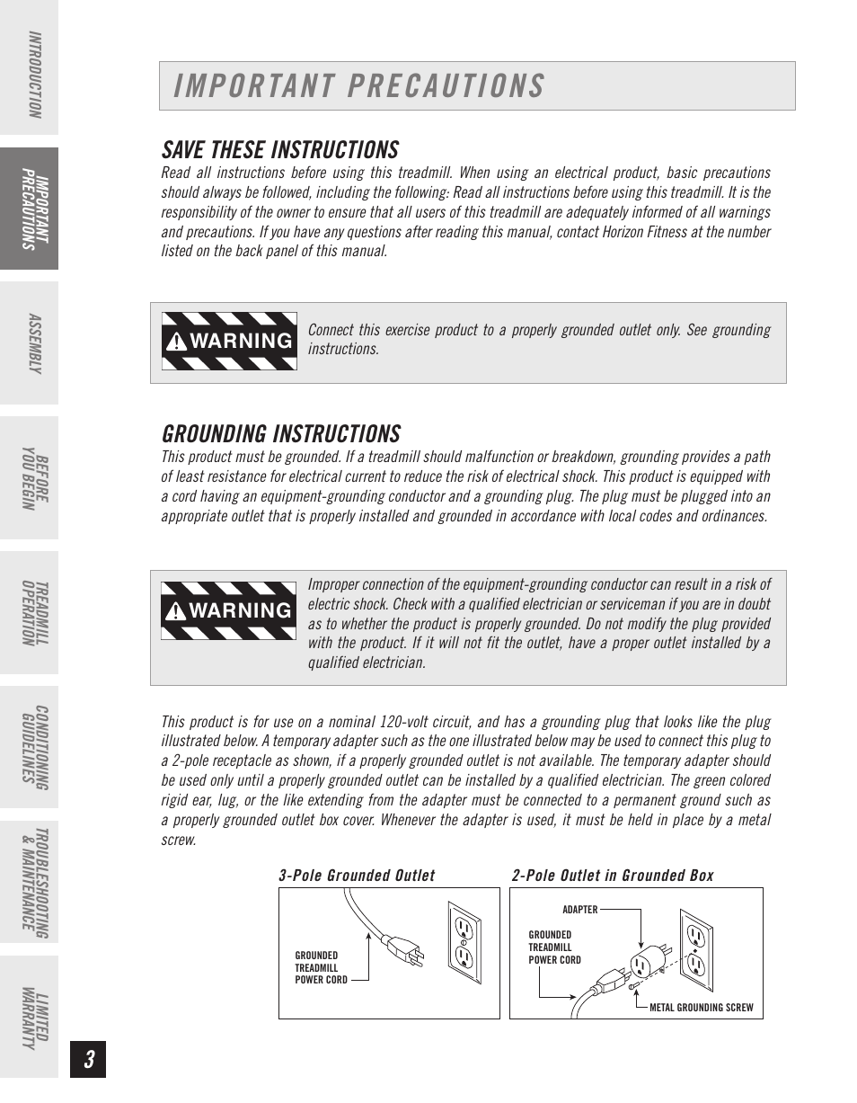 Important precautions, 3save these instructions, Grounding instructions | Warning | Horizon Fitness T10K User Manual | Page 4 / 34