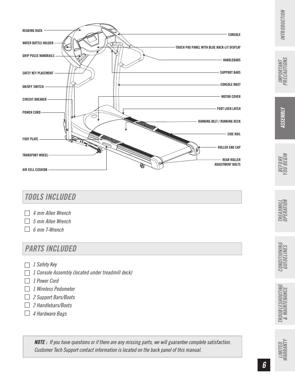 6tools included, Parts included | Horizon Fitness T10K User Manual | Page 7 / 34