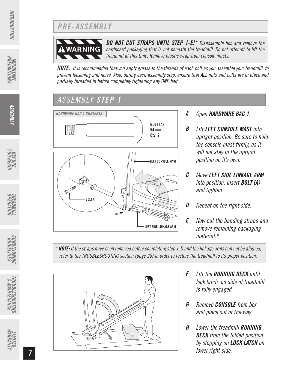 Pre-assembly, Assembly step 1 | Horizon Fitness T10K User Manual | Page 8 / 34