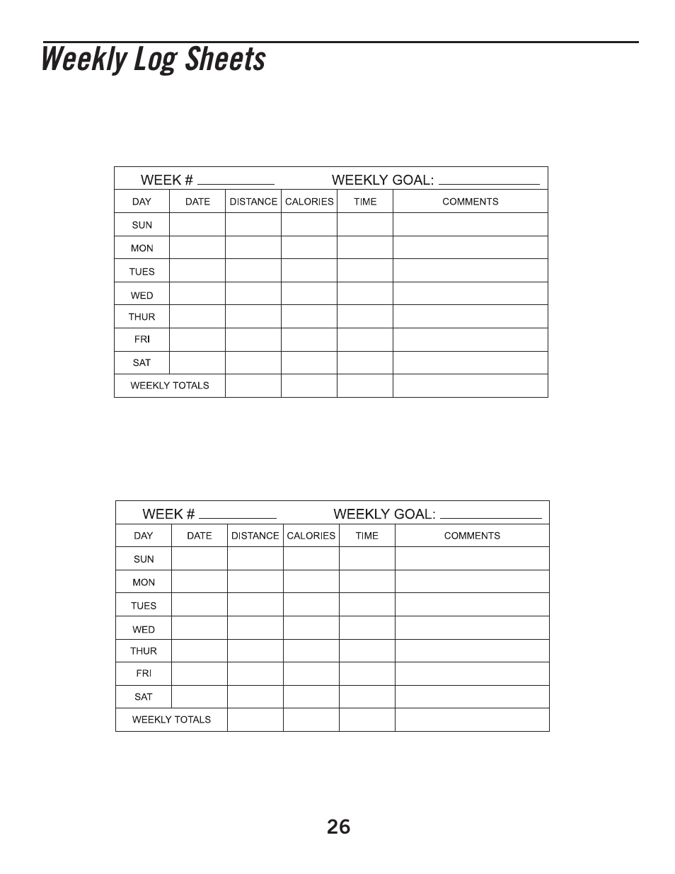 Weekly log sheets | Horizon Fitness CLUB SERIES CST3 User Manual | Page 26 / 30